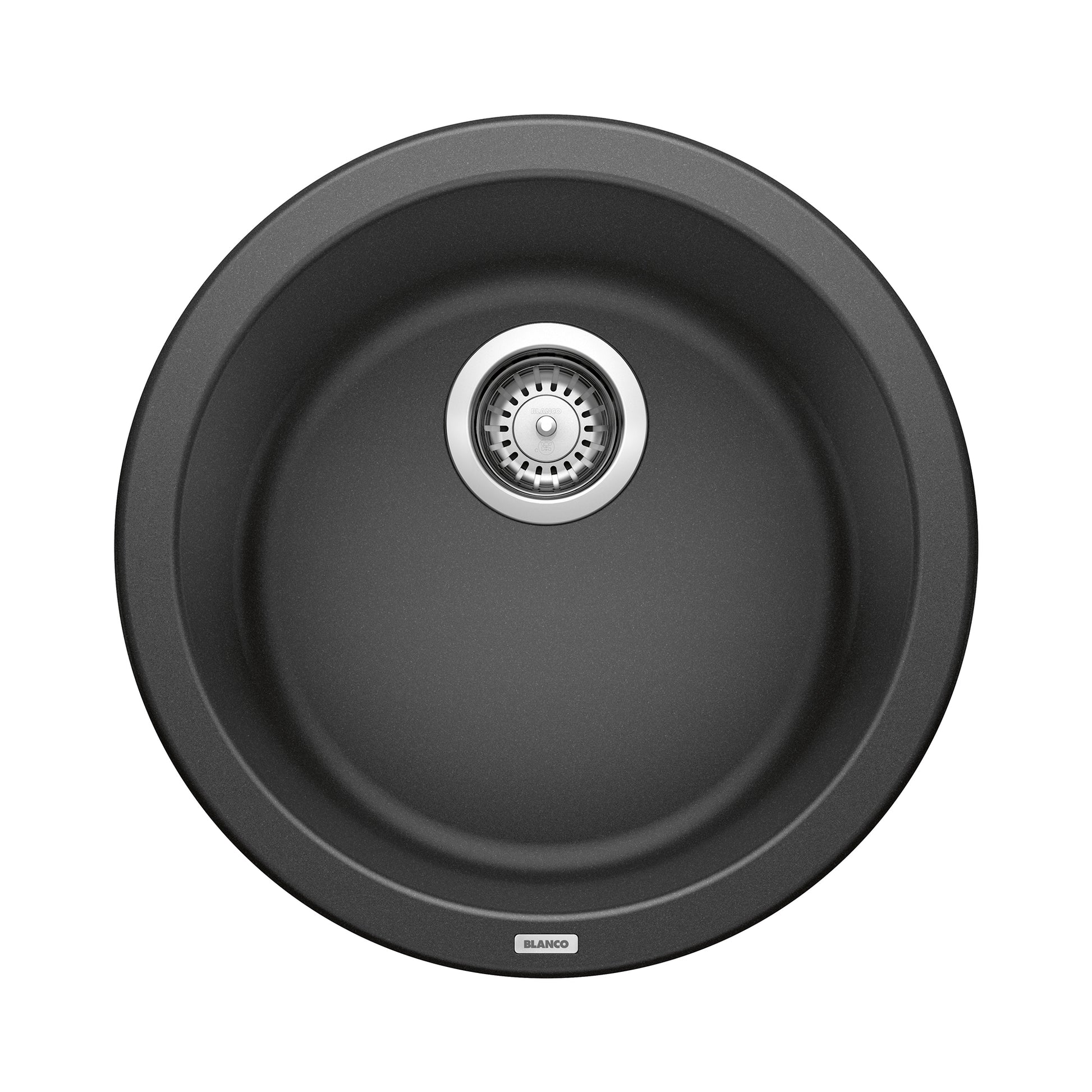 Round anthracite Silgranit bar sink with single basin and chrome strainer, viewed from above.