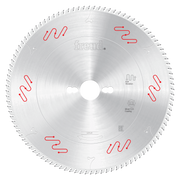 Circular saw blade with carbide-tipped teeth around the edge and red vibration reduction slots on the silver steel surface.