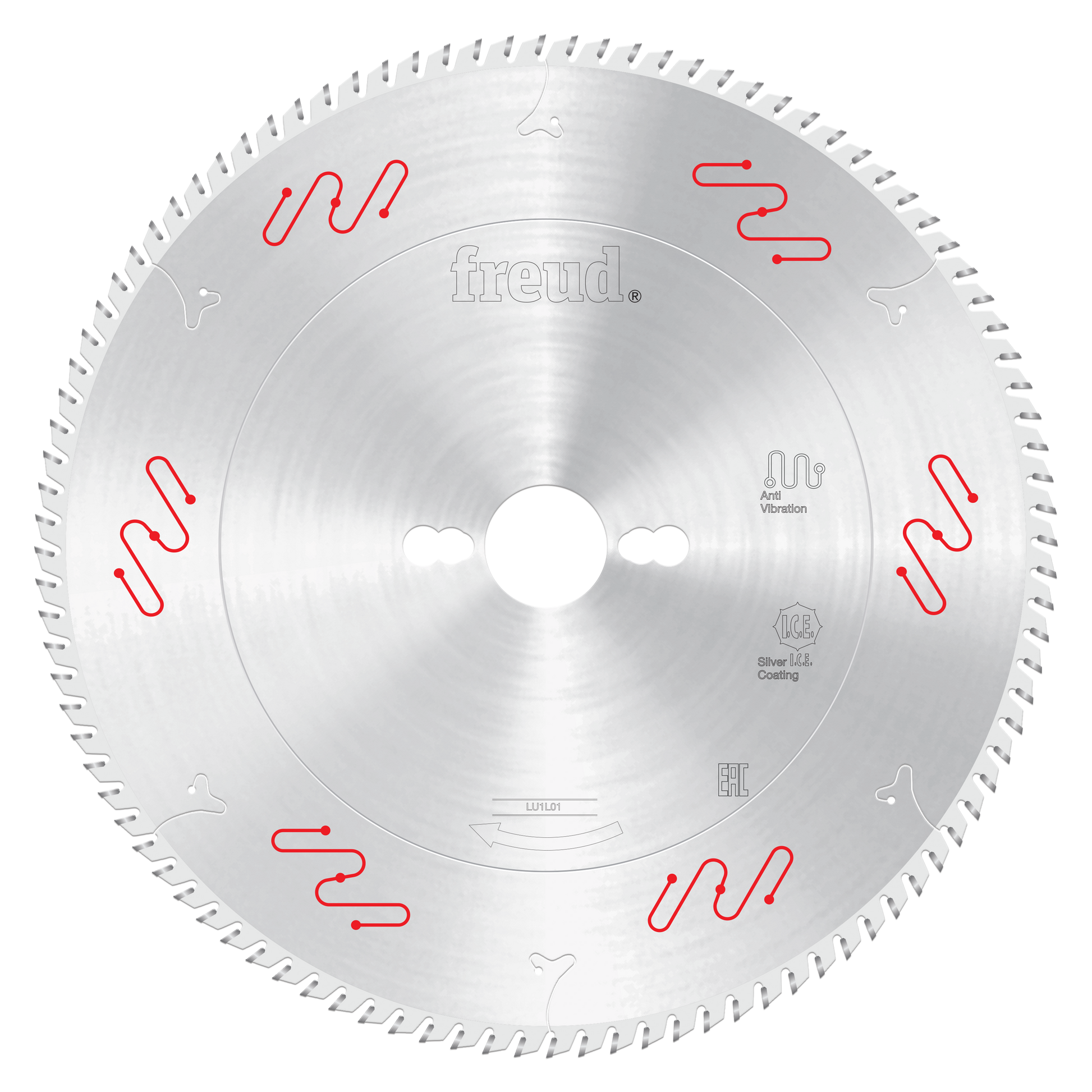 Circular saw blade with carbide-tipped teeth around the edge and red vibration reduction slots on the silver steel surface.