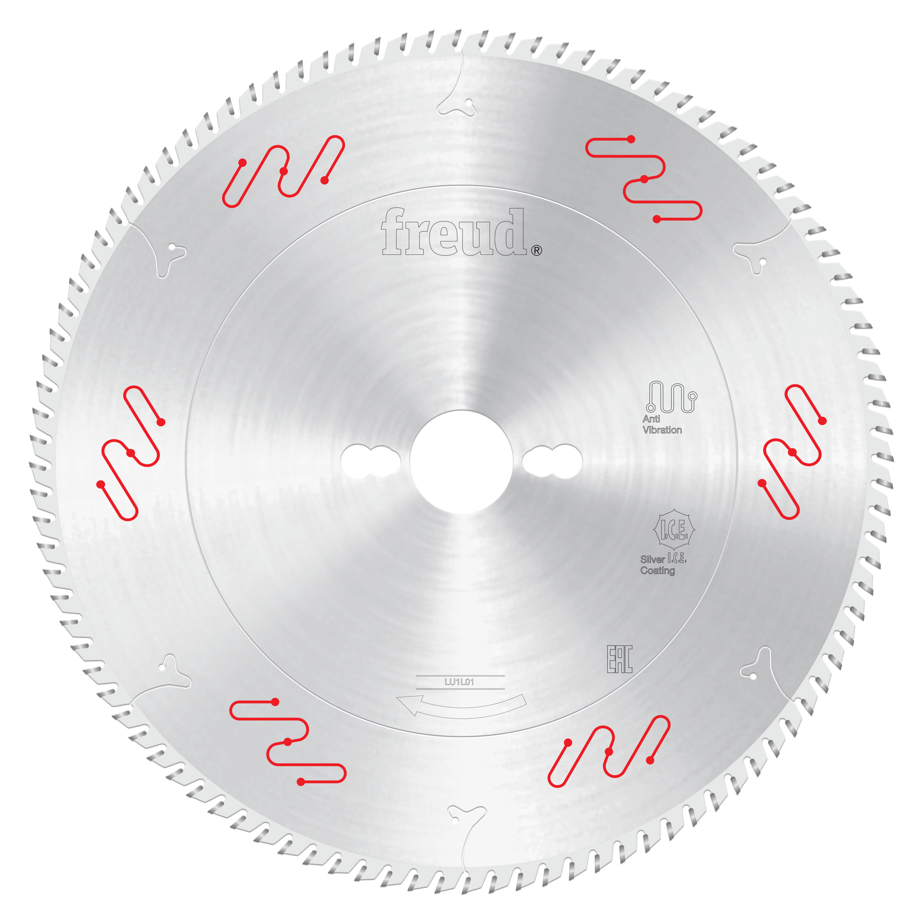 Circular saw blade with carbide-tipped teeth around the edge and red vibration reduction slots on the silver steel surface.