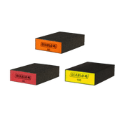 Three flat sanding sponges with black abrasive surfaces and colored ends labeled orange, red, and yellow.