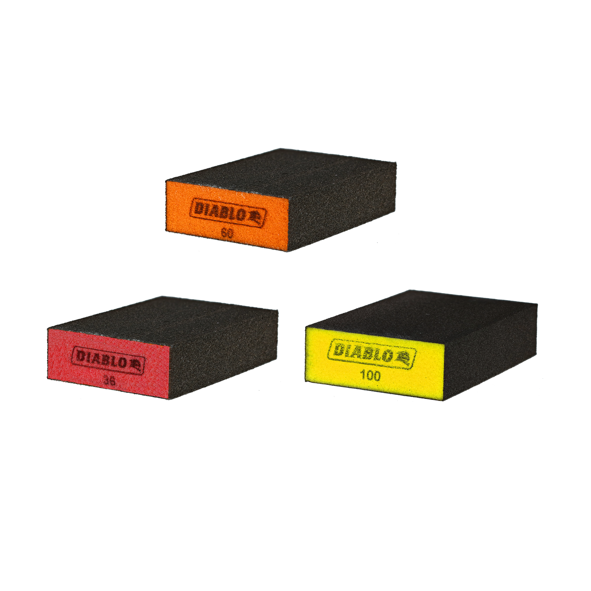 Three flat sanding sponges with black abrasive surfaces and colored ends labeled orange, red, and yellow.