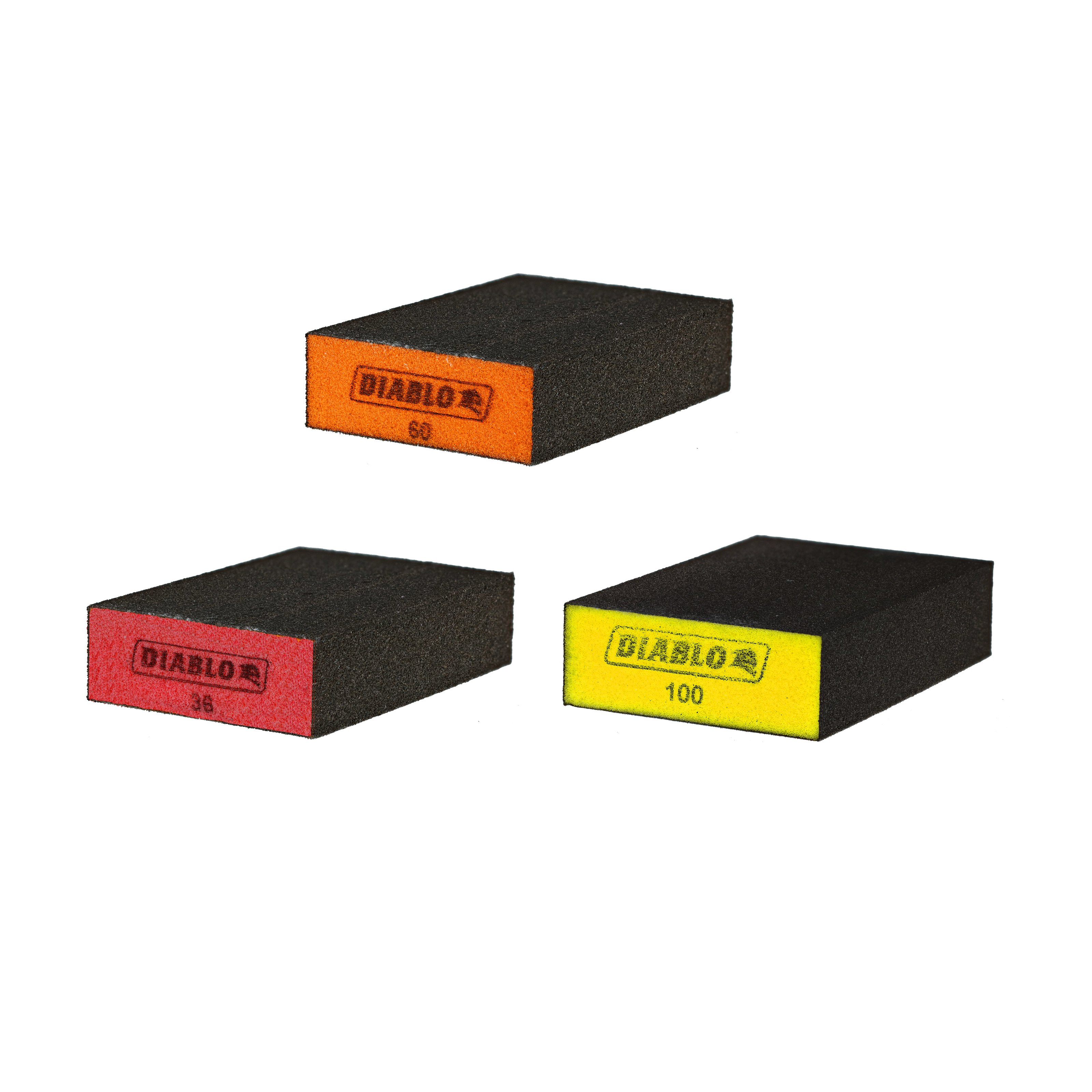 Three flat sanding sponges with black abrasive surfaces and colored ends labeled orange, red, and yellow.