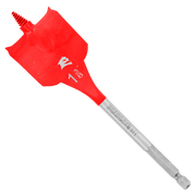 Red spade bit with flat paddle head, red plastic shaft, and gray metal shank with threaded tip.