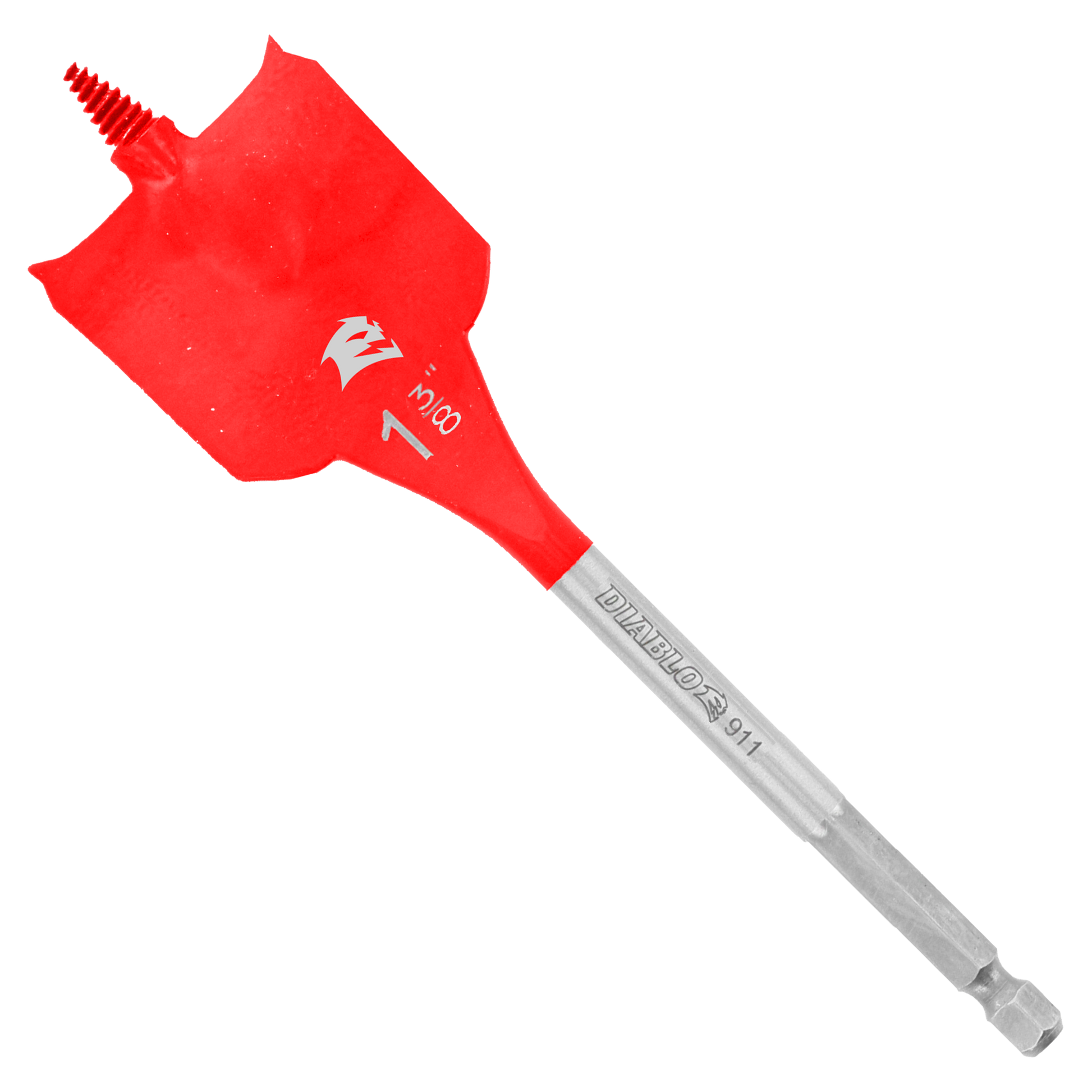 Red spade bit with flat paddle head, red plastic shaft, and gray metal shank with threaded tip.