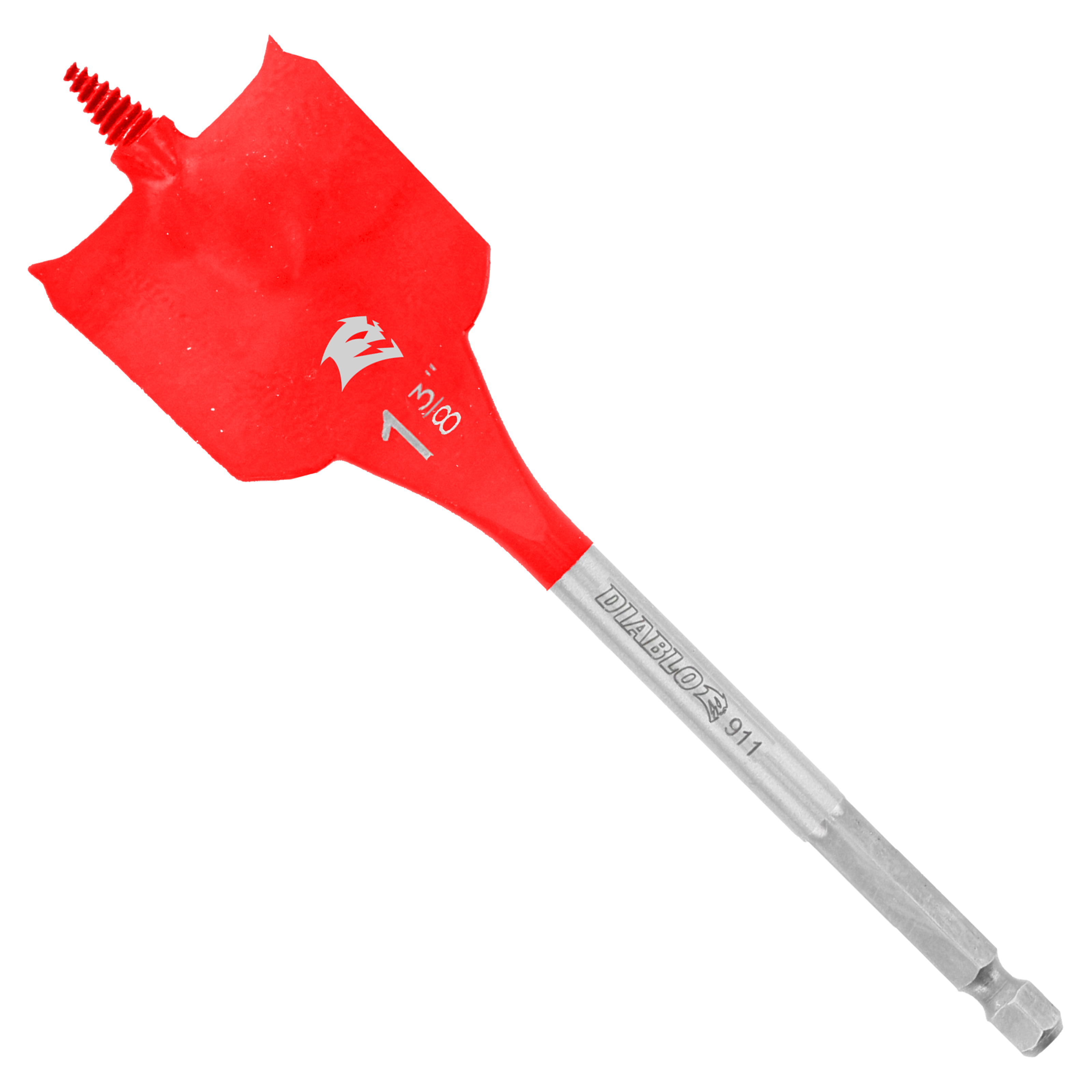 Red spade bit with flat paddle head, red plastic shaft, and gray metal shank with threaded tip.