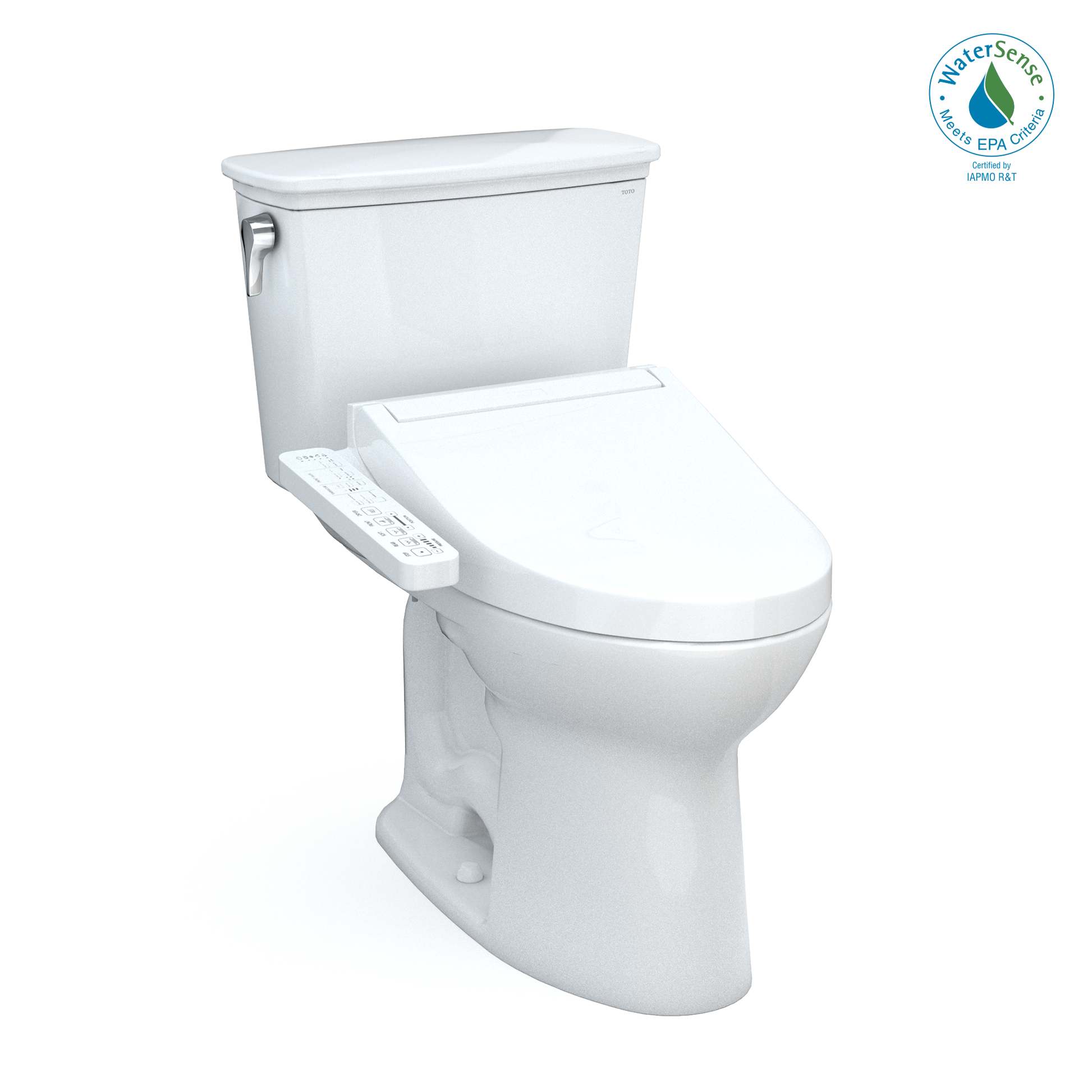White two-piece elongated toilet with attached bidet seat featuring control panel on the side and matching tank with lid.