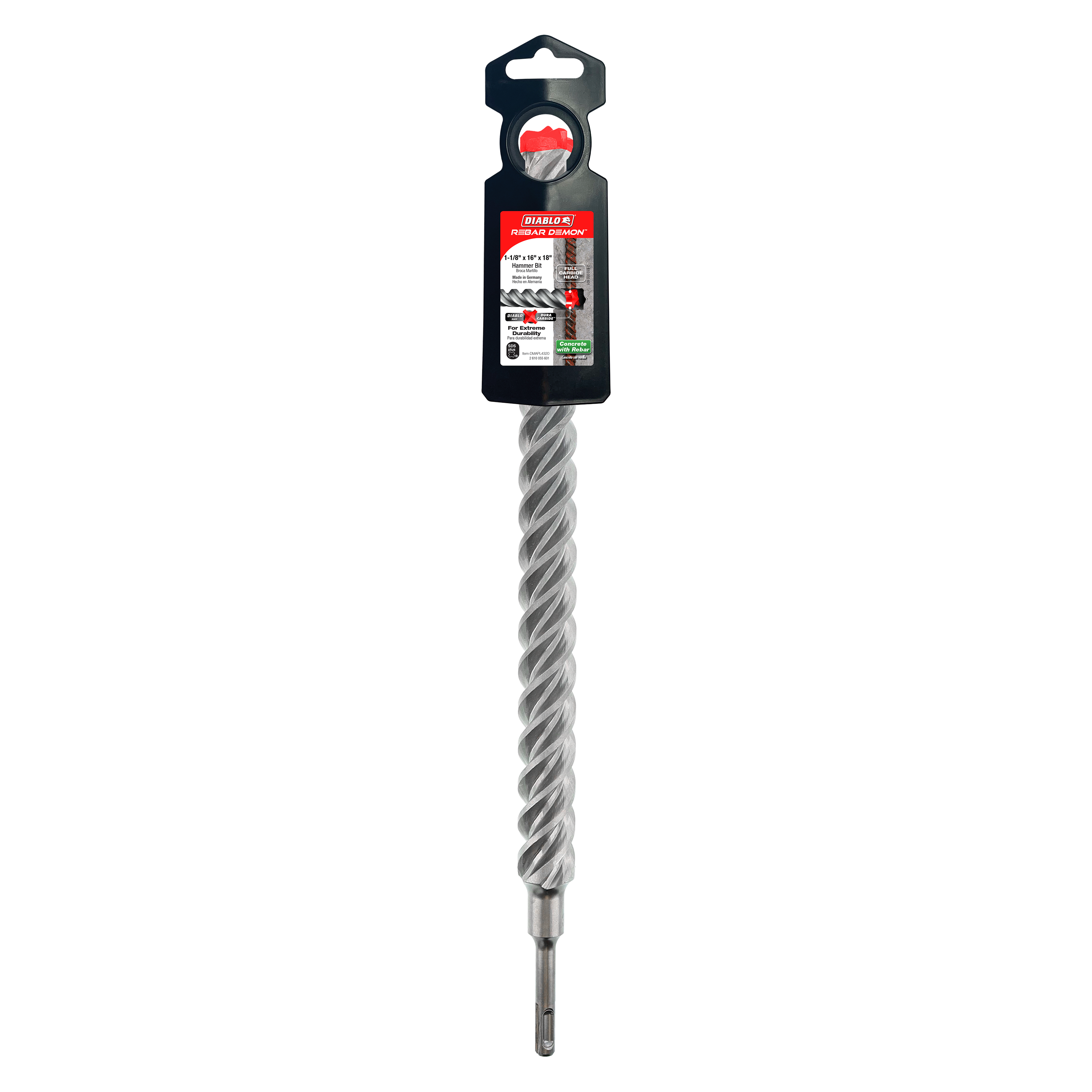 Diablo SDS-Plus hammer drill bit with spiral flutes and carbide head attached to black packaging card.