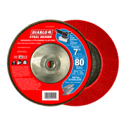 7-inch red flap disc with metal hub center, 80 grit abrasive surface, labeled for angle grinders.