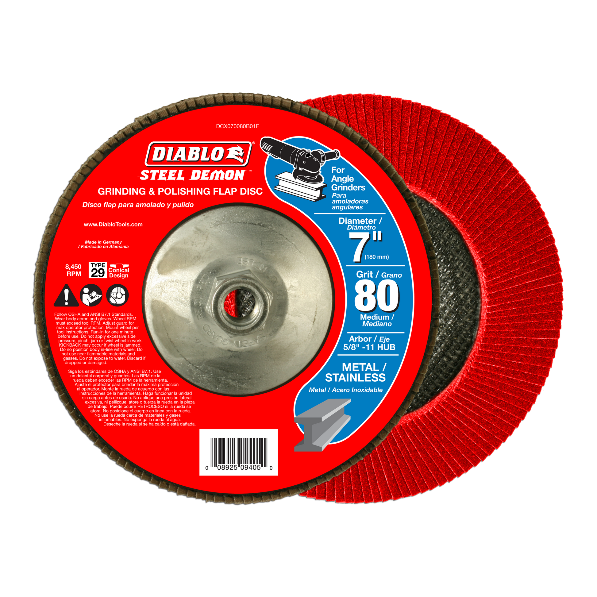 7-inch red flap disc with metal hub center, 80 grit abrasive surface, labeled for angle grinders.