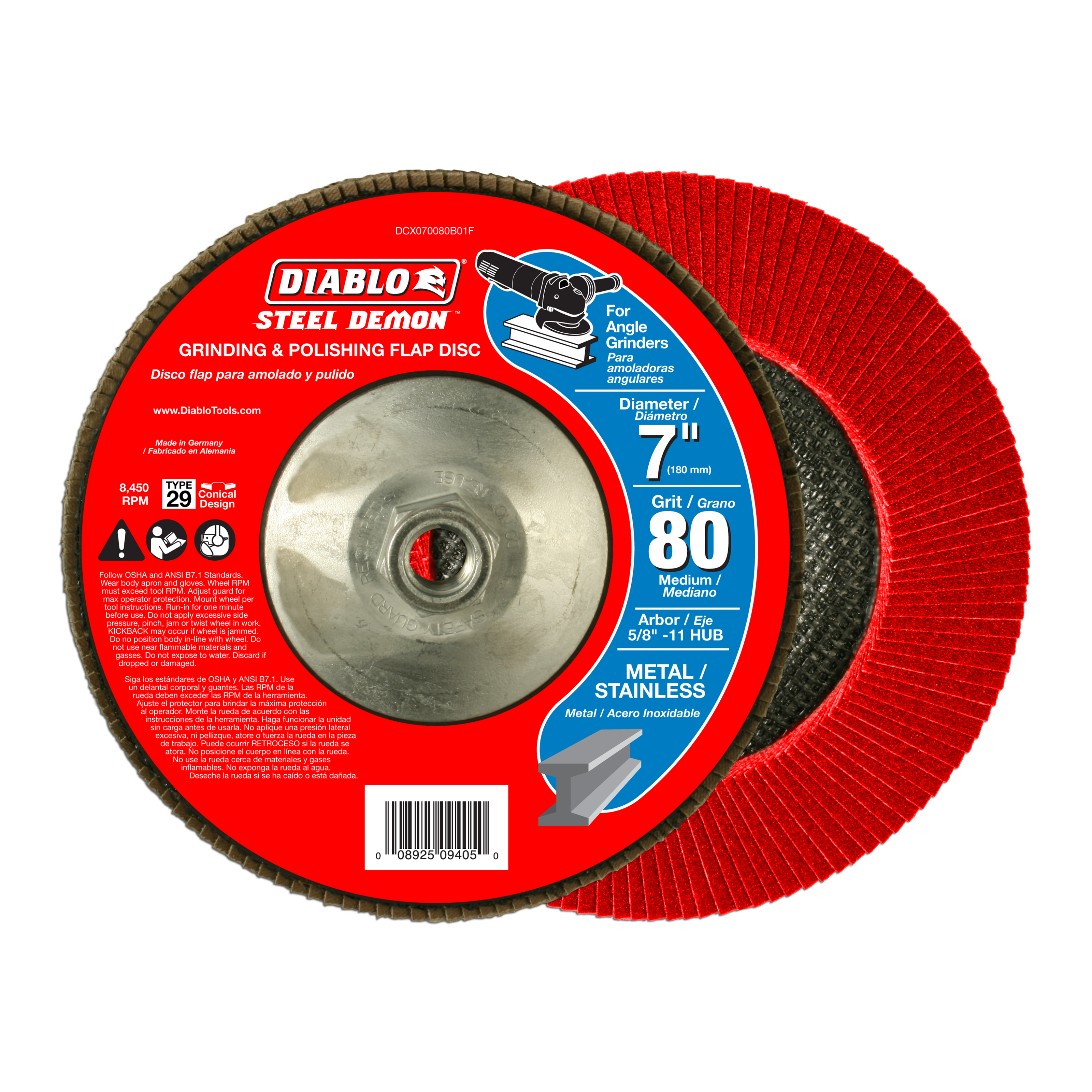 7-inch red flap disc with metal hub center, 80 grit abrasive surface, labeled for angle grinders.