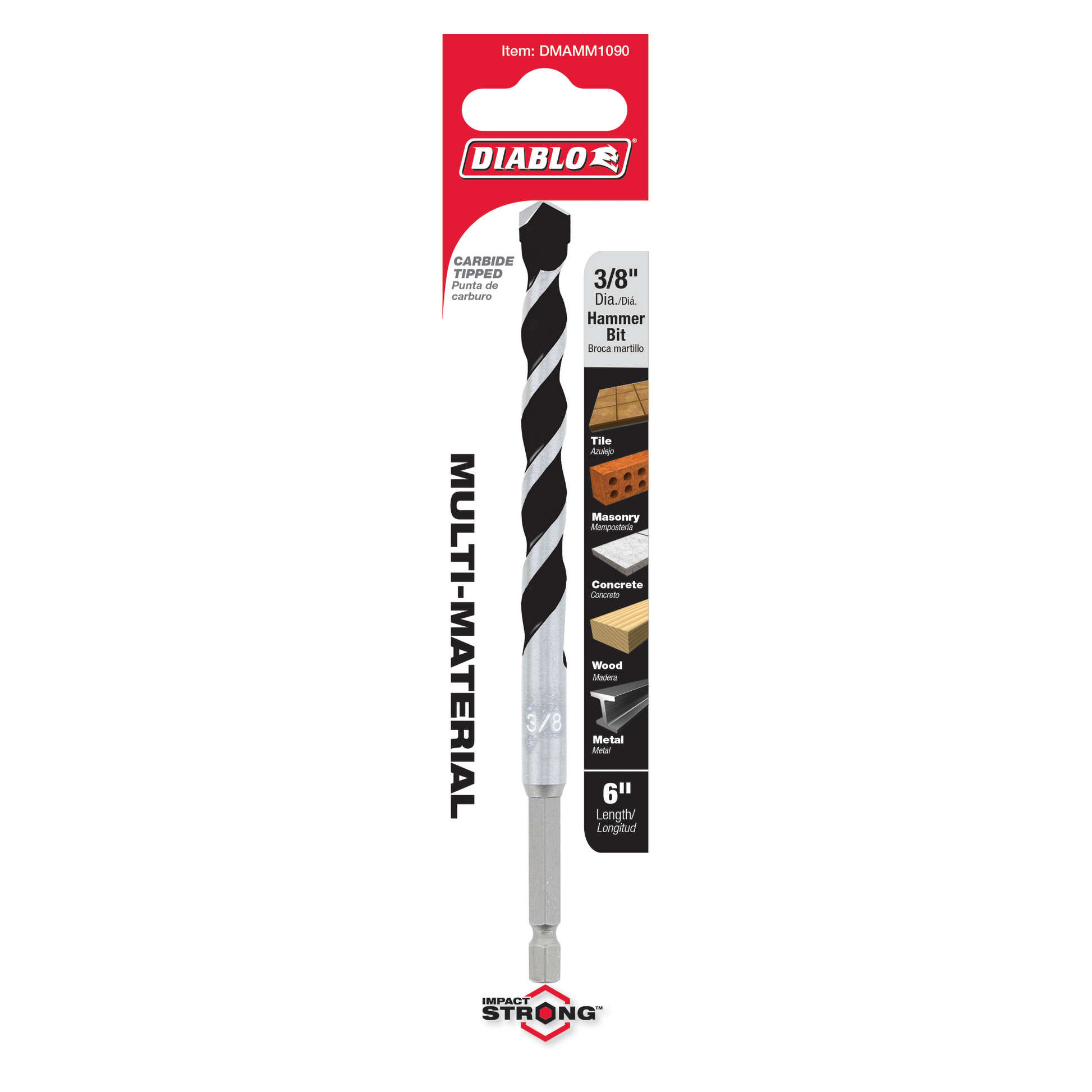 Diablo 3/8-inch carbide-tipped hammer drill bit with black and silver twisted flute design on red retail packaging.