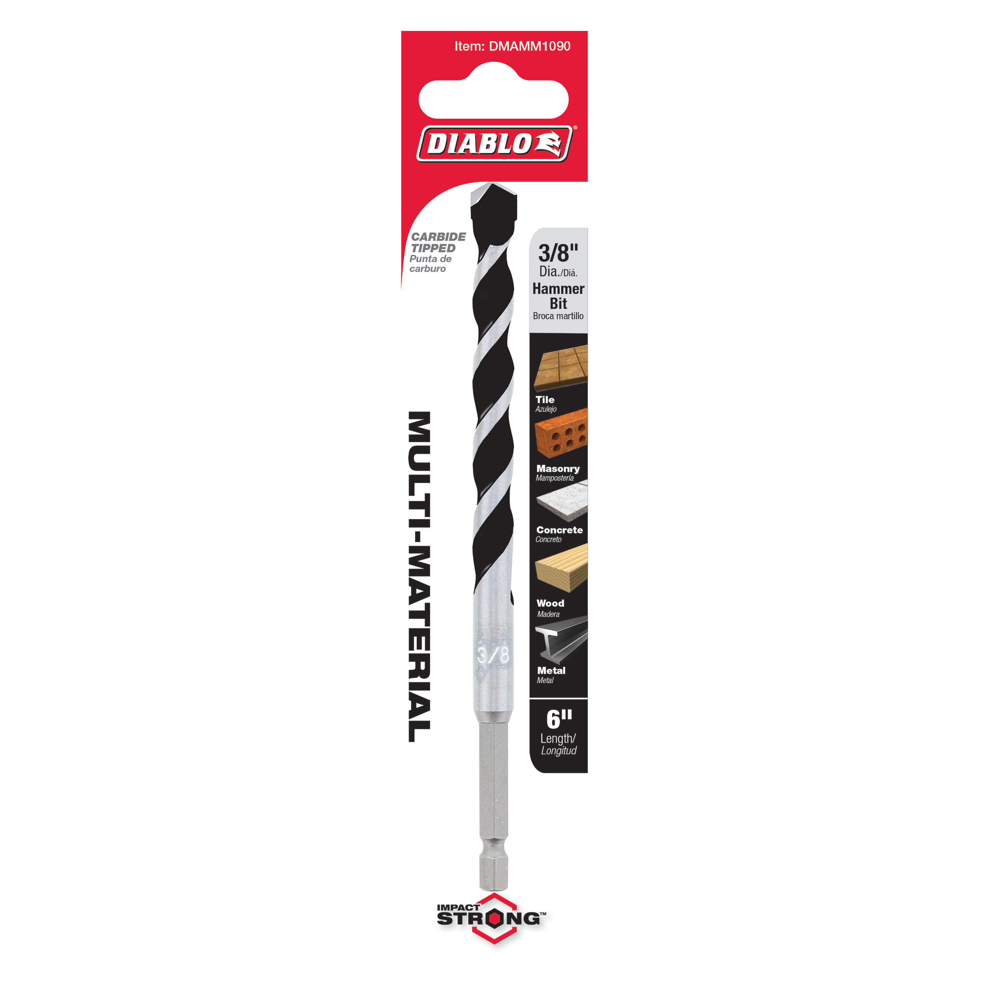 Diablo 3/8-inch carbide-tipped hammer drill bit with black and silver twisted flute design on red retail packaging.