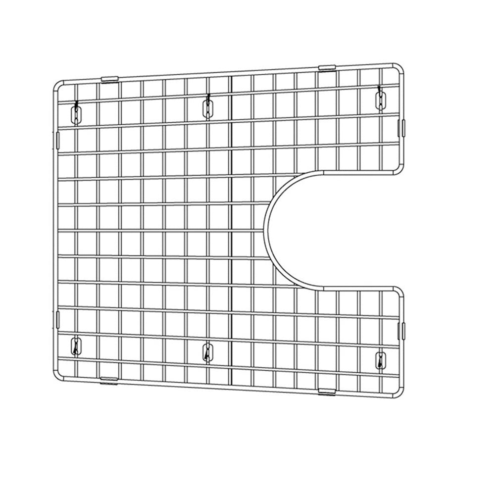 Stainless steel sink grid with rounded cutout, mounting feet, and wire mesh pattern for basin protection.