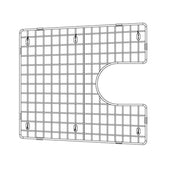 Stainless steel sink grid with rounded cutout, mounting feet, and wire mesh pattern for basin protection.