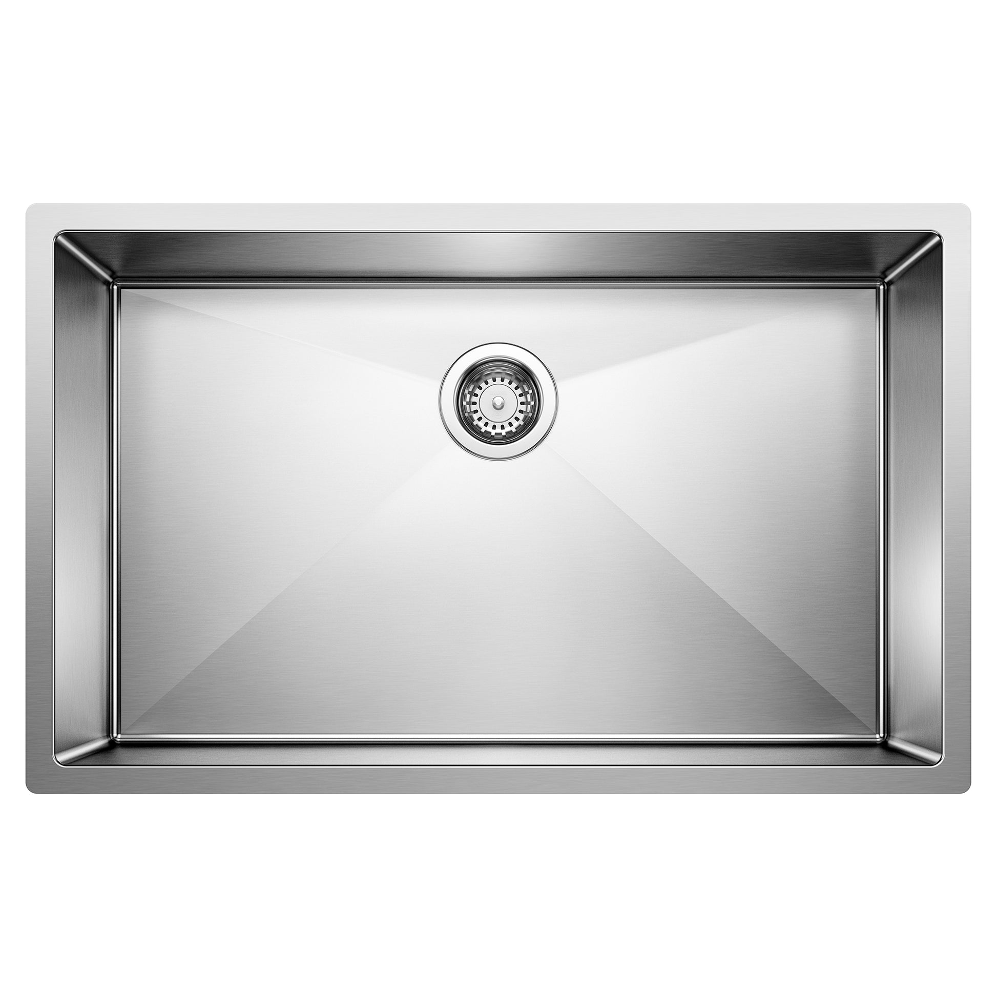 Stainless steel undermount kitchen sink with single basin and centered drain strainer.