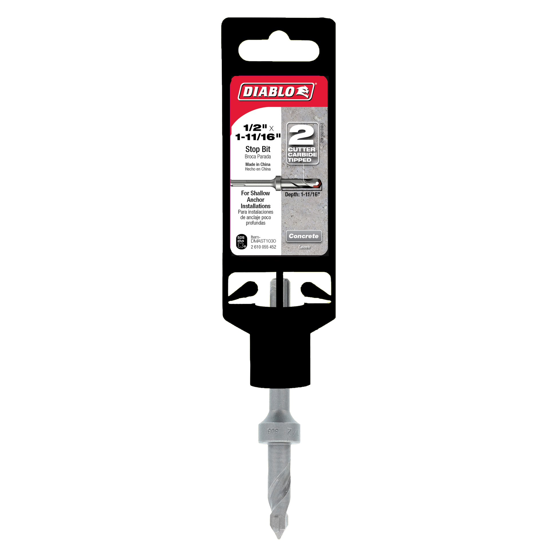 Diablo 1/2 in. x 1-11/16 in. SDS-Plus 2-cutter stop bit with black packaging and gray metal shaft.