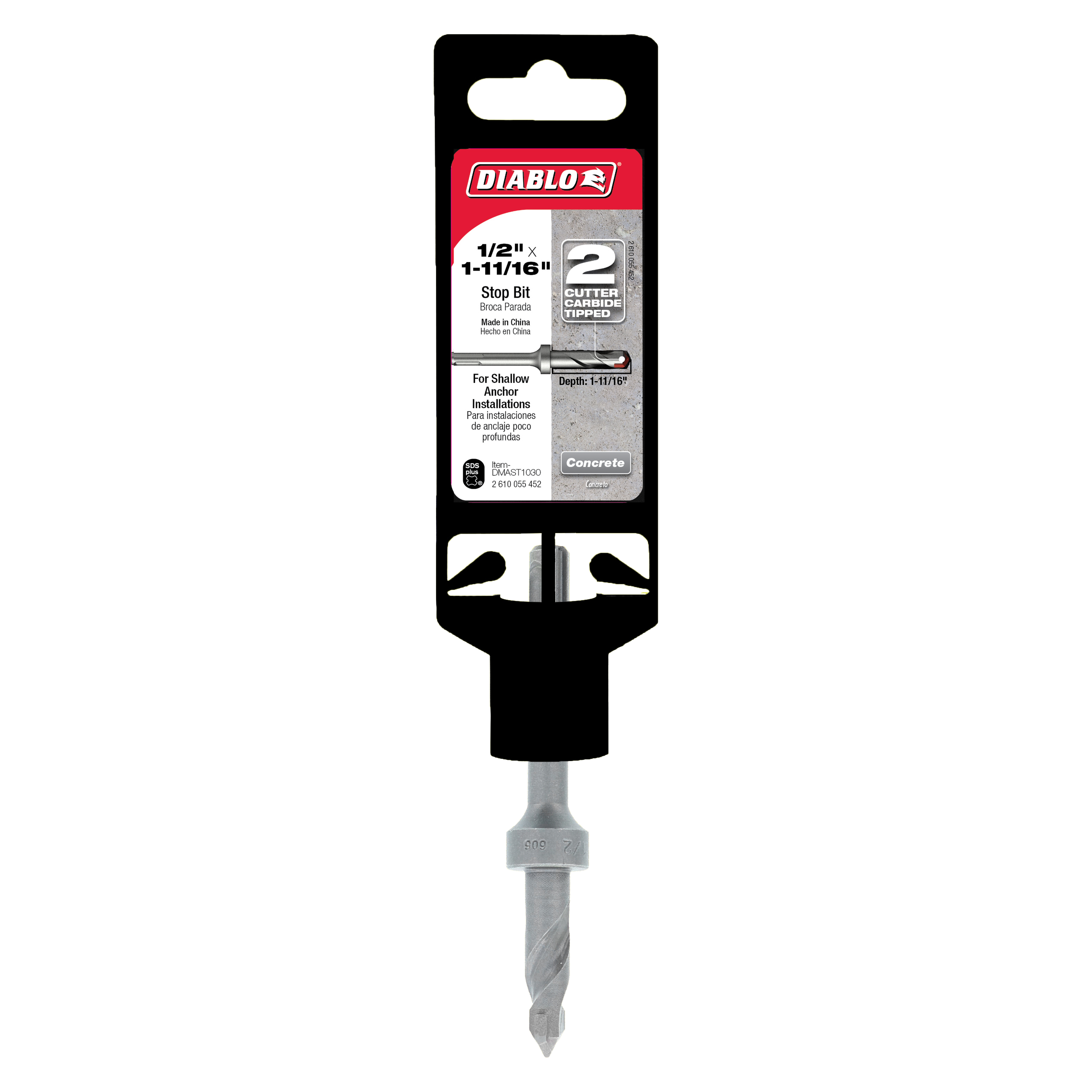 Diablo 1/2 in. x 1-11/16 in. SDS-Plus 2-cutter stop bit with black packaging and gray metal shaft.