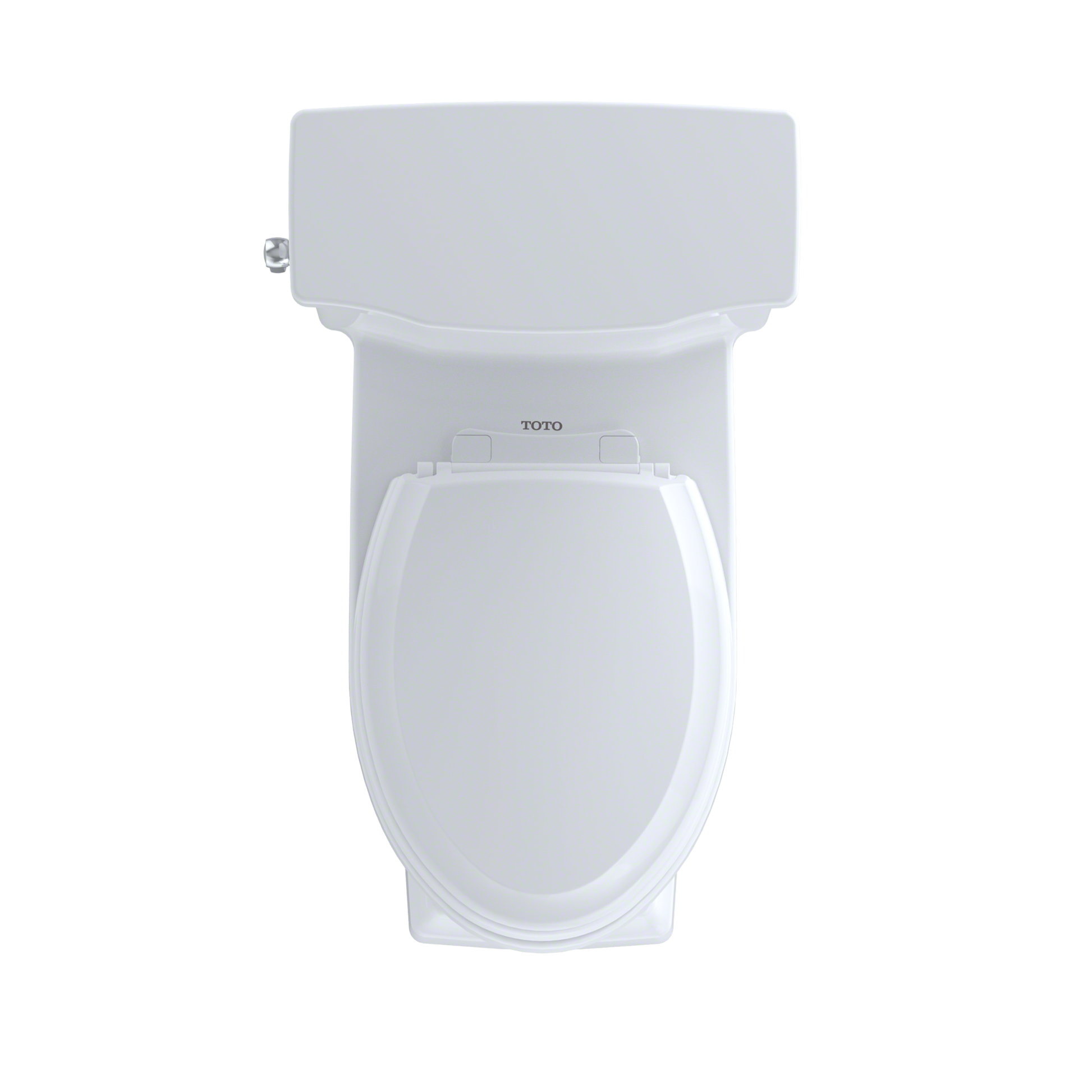 Cotton white one-piece elongated toilet with closed soft-close seat, viewed from front.