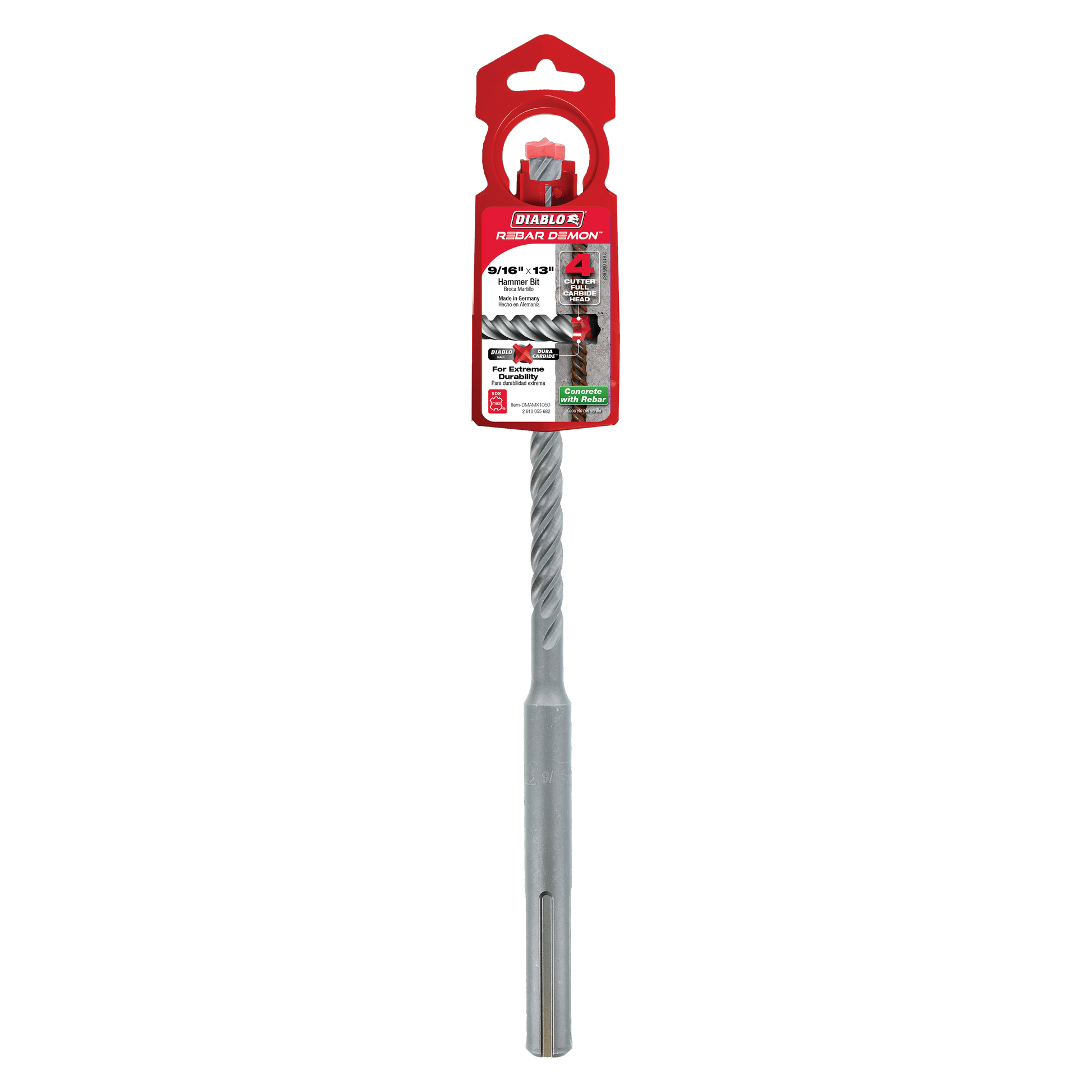 Gray SDS-Max hammer drill bit with fluted shaft and carbide cutting head, packaged in red Diablo branded card stock with hang