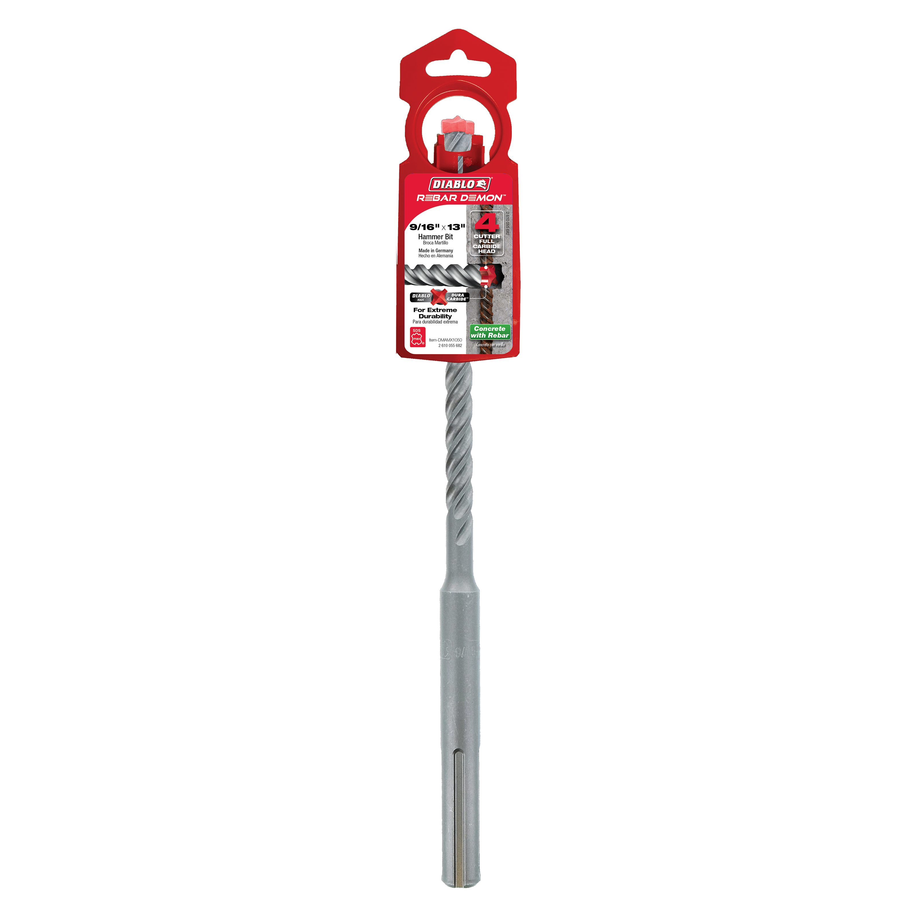 Gray SDS-Max hammer drill bit with fluted shaft and carbide cutting head, packaged in red Diablo branded card stock with hang