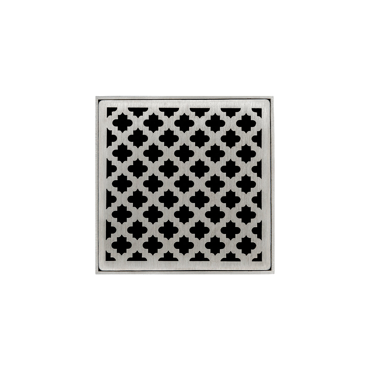 Square satin stainless steel drain cover with quatrefoil pattern cutouts.