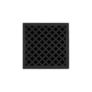 Matte black square drain grate with geometric quatrefoil pattern cutouts.