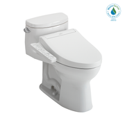 White one-piece elongated toilet with attached bidet seat and control panel on the side.