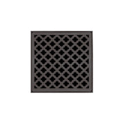 Square oil rubbed bronze drain grate with quatrefoil pattern cutouts and center drain opening.