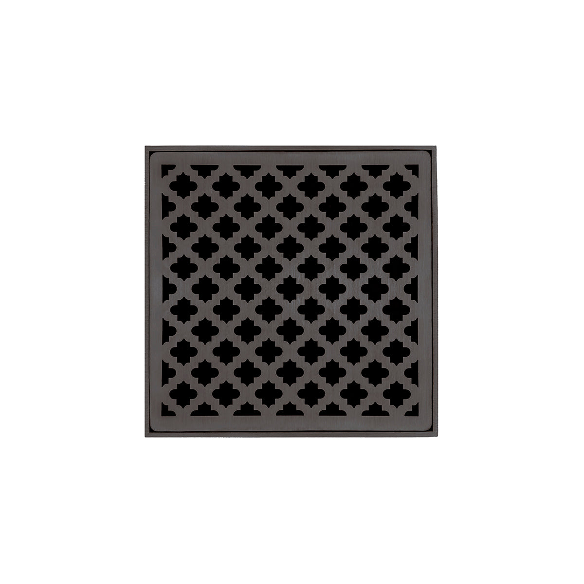 Square oil rubbed bronze drain grate with quatrefoil pattern cutouts and center drain opening.