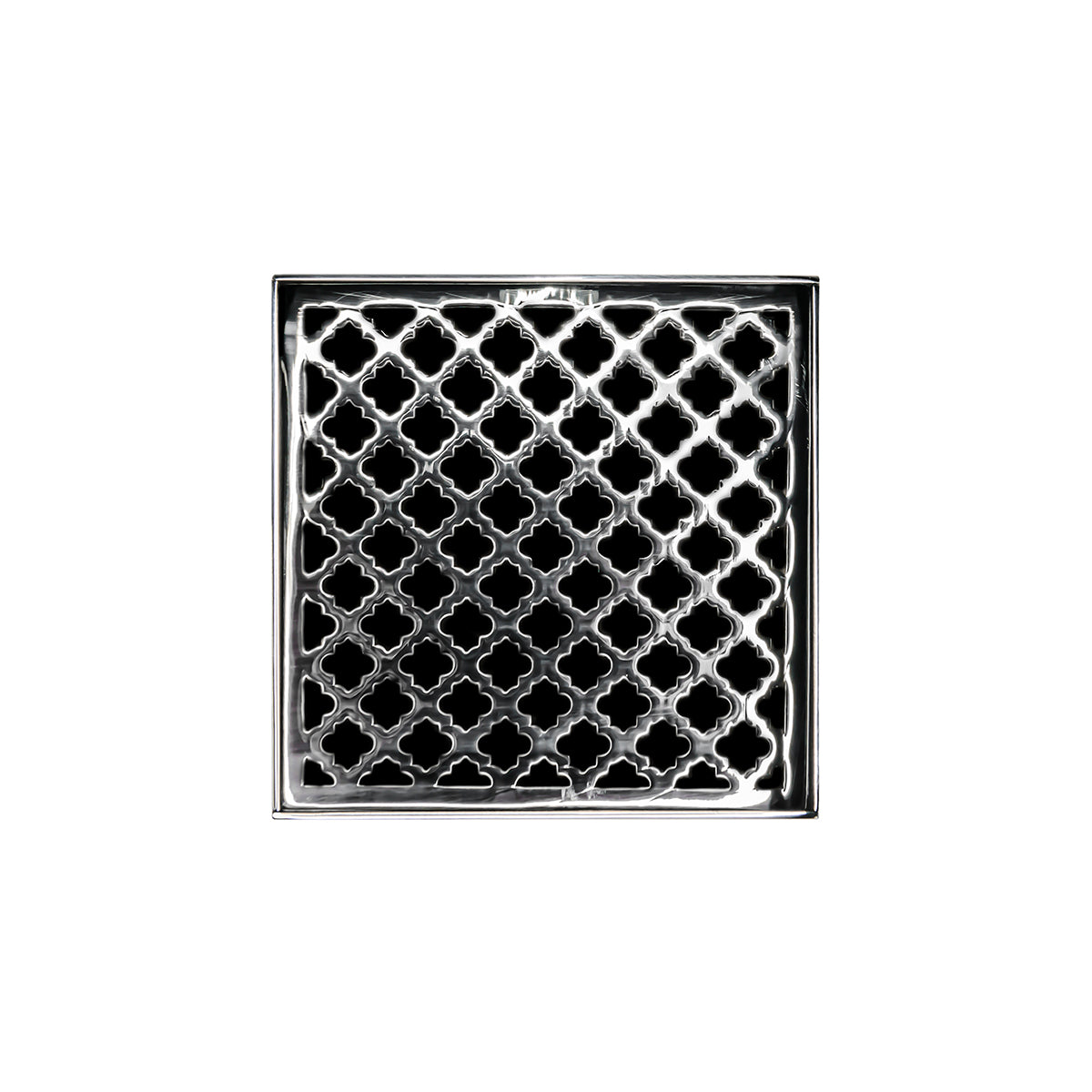 Polished stainless steel square drain grate with geometric quatrefoil pattern and center drain opening.