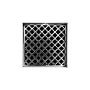Polished stainless steel square drain grate with geometric quatrefoil pattern and center drain opening.