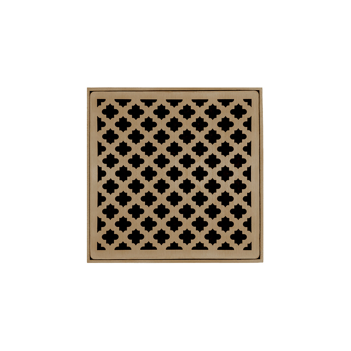Square satin bronze drain cover with geometric quatrefoil cutout pattern and border frame.