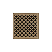 Square satin bronze drain cover with geometric quatrefoil cutout pattern and border frame.