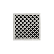 Square satin stainless steel drain grate with geometric quatrefoil pattern and center drain opening.