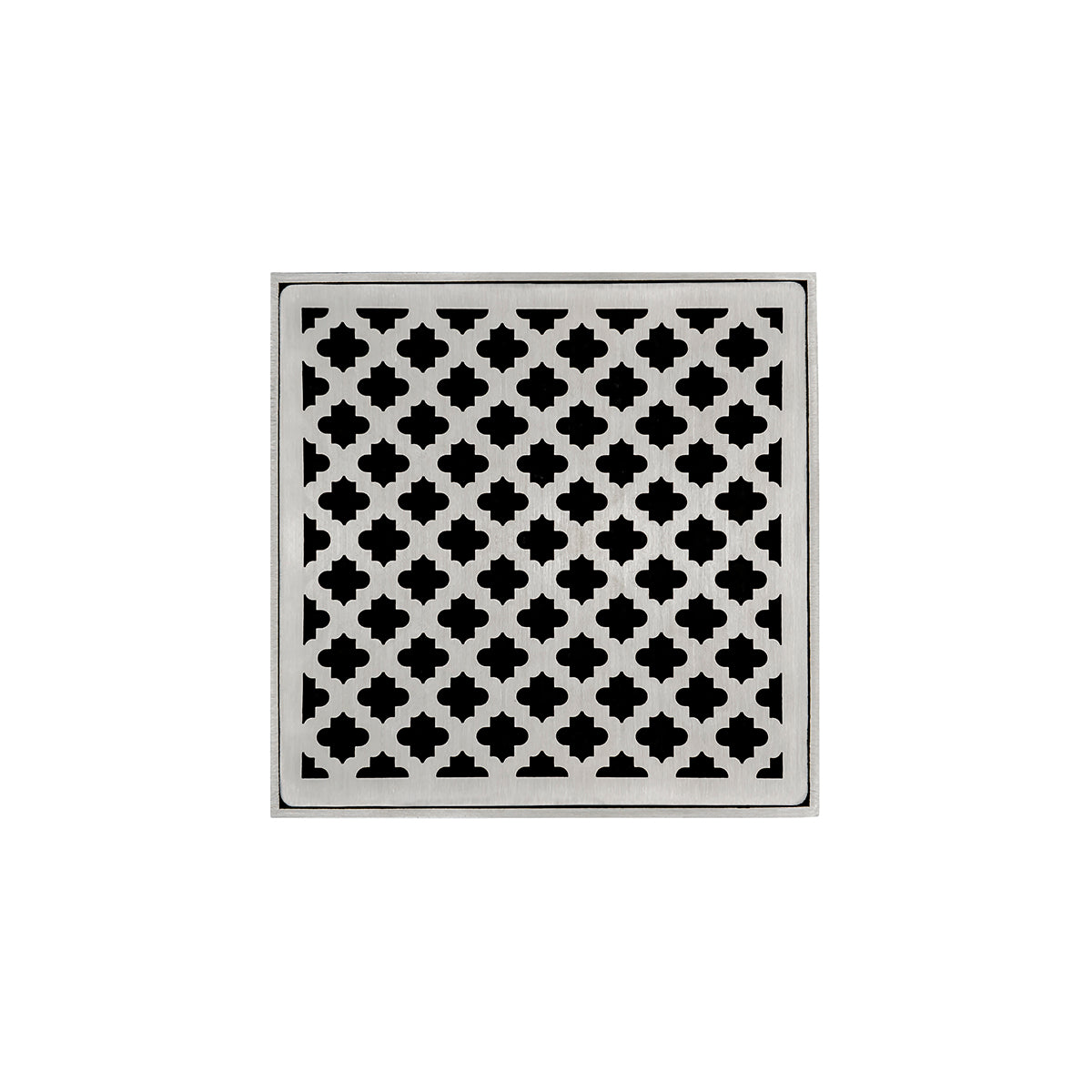 Square satin stainless steel drain grate with geometric quatrefoil pattern and center drain opening.