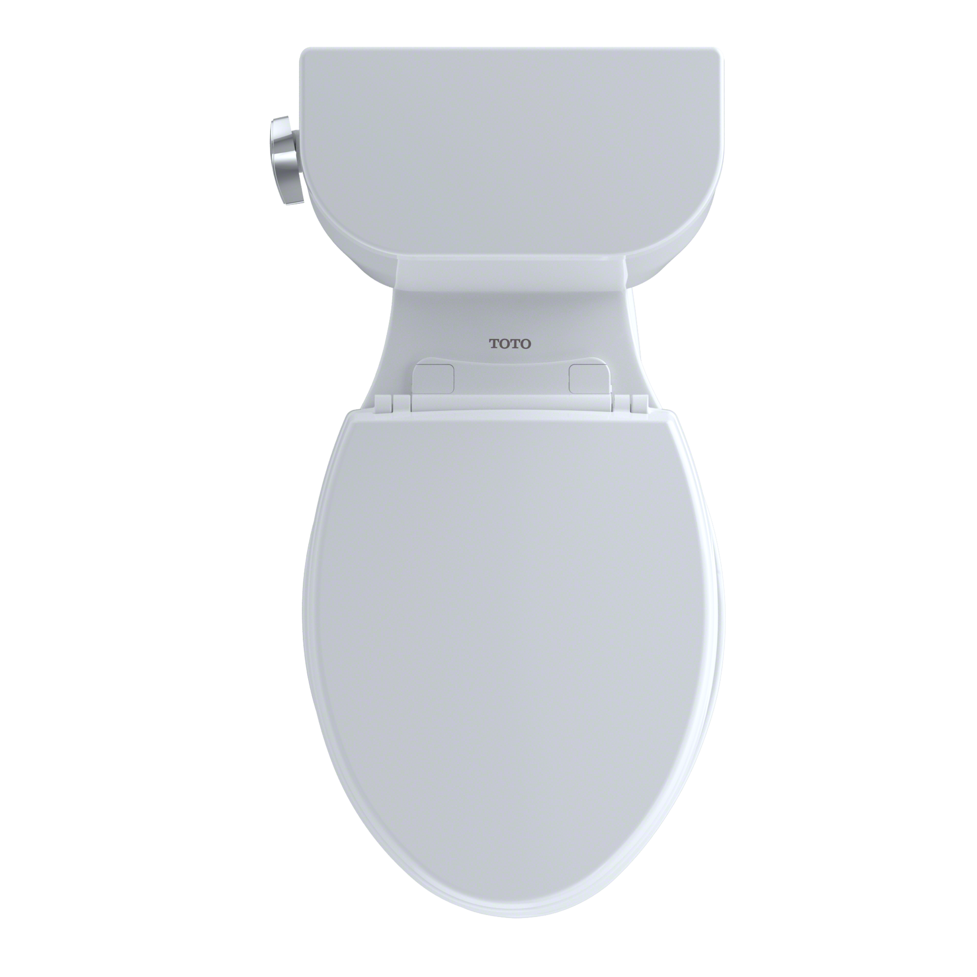 White two-piece elongated toilet with tank and bowl, viewed from above, seat not included.