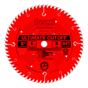 Red circular saw blade with 64 teeth, 8-inch diameter, 5/8-inch arbor, labeled "Freud Ultimate Cutoff" with silver tooth tips