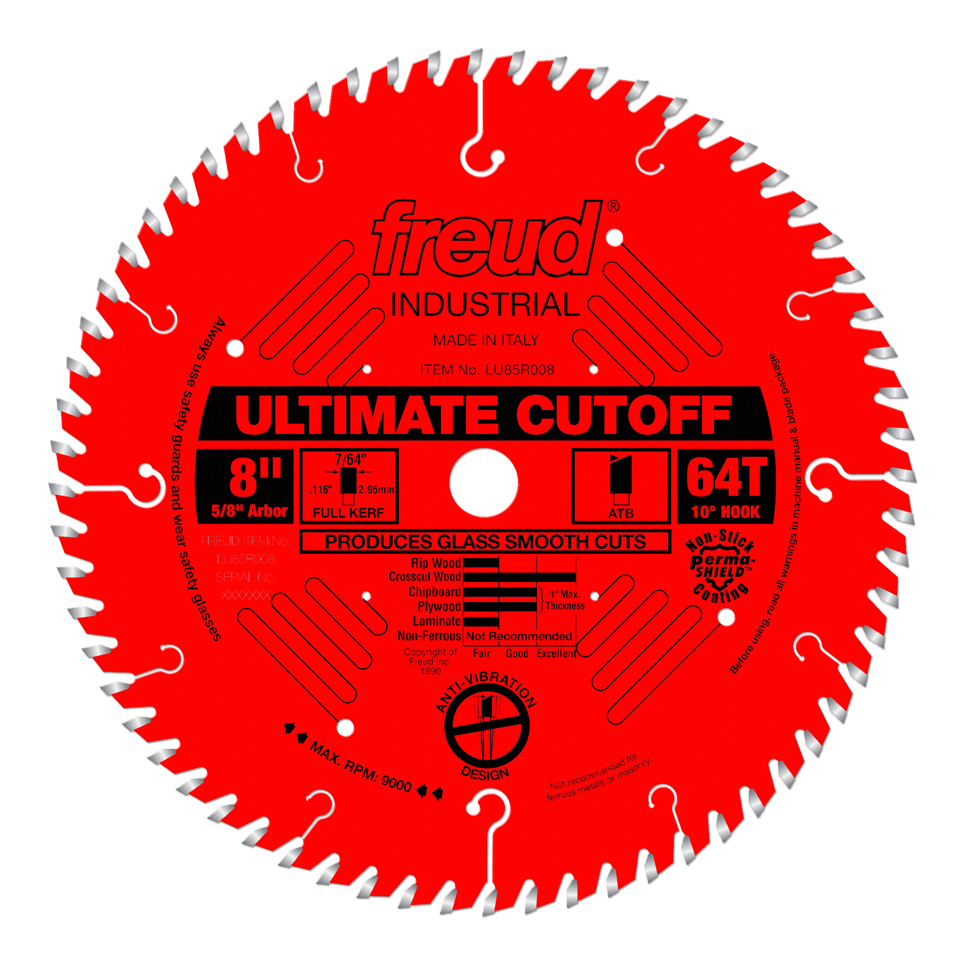 Red circular saw blade with 64 teeth, 8-inch diameter, 5/8-inch arbor, labeled "Freud Ultimate Cutoff" with silver tooth tips
