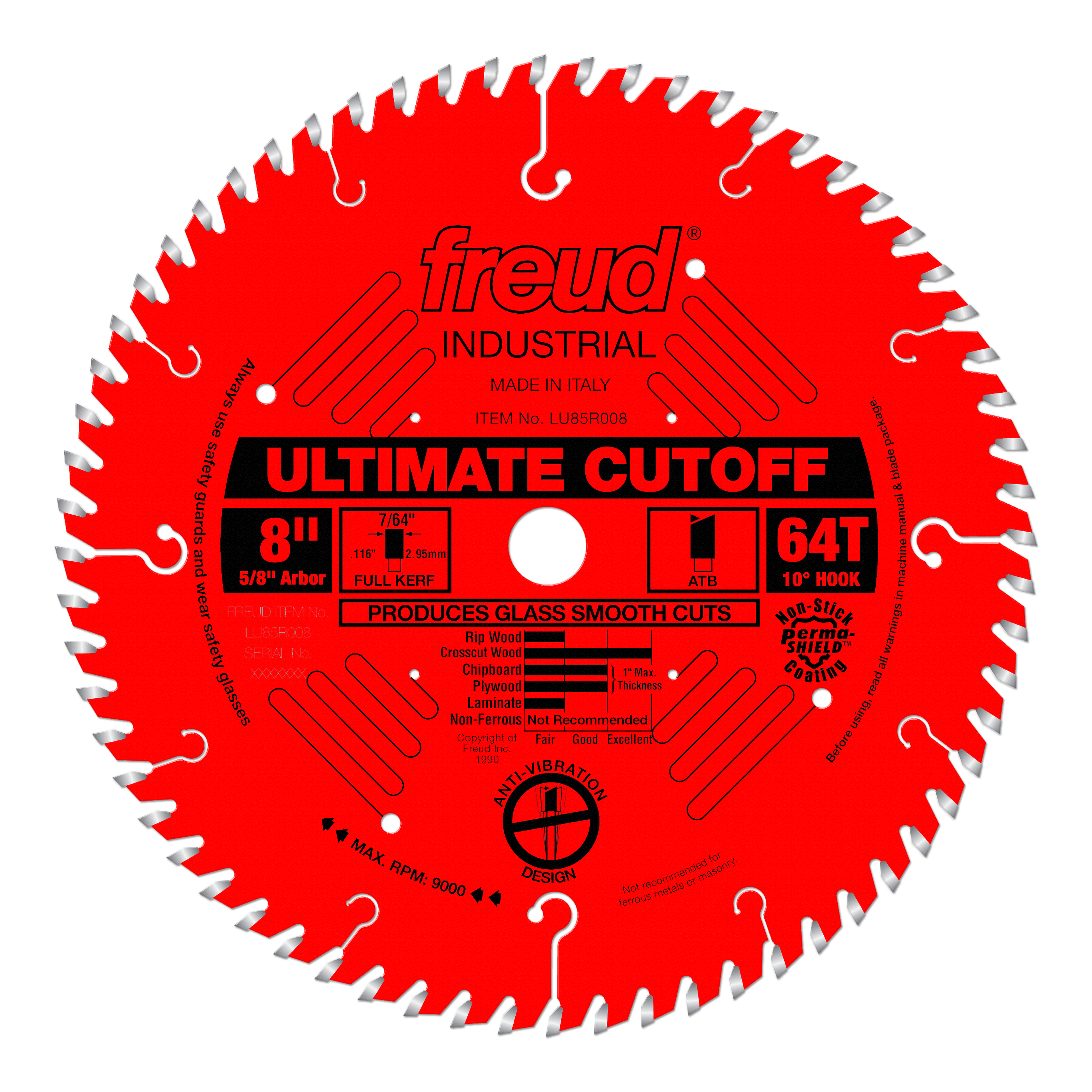 Red circular saw blade with 64 teeth, 8-inch diameter, 5/8-inch arbor, labeled "Freud Ultimate Cutoff" with silver tooth tips