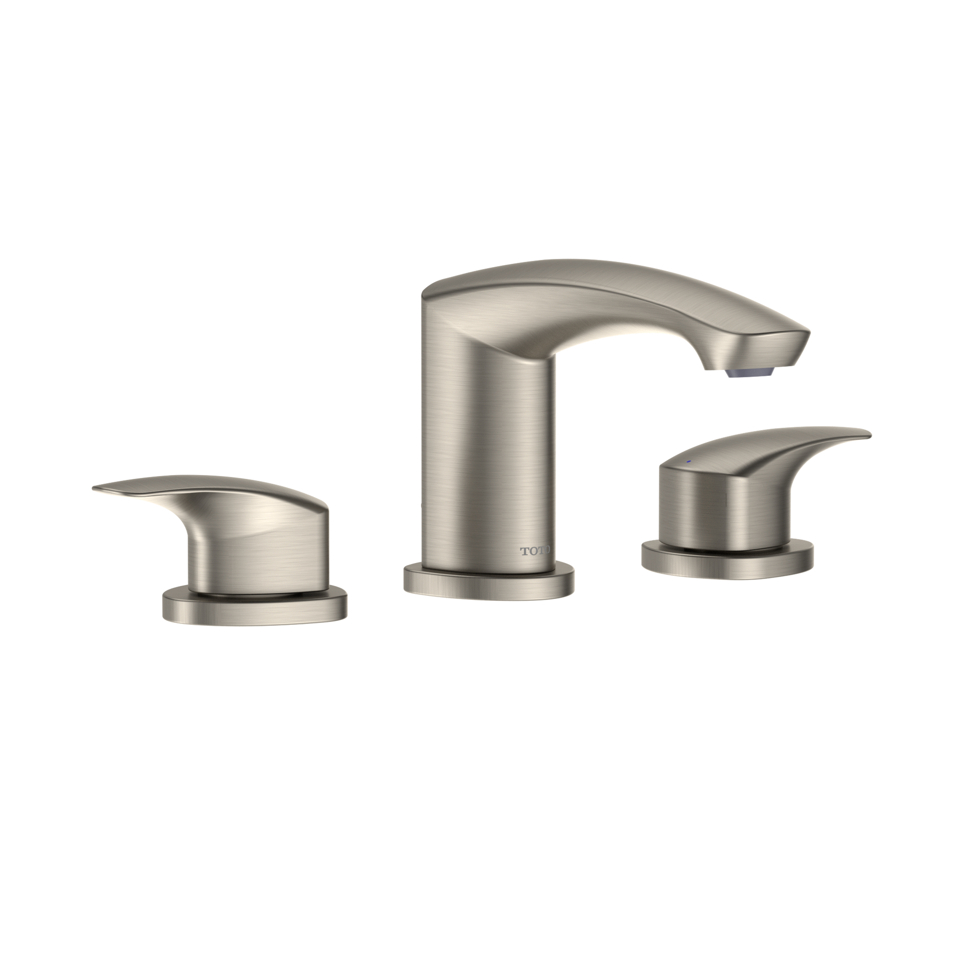 Brushed nickel two-handle widespread bathroom sink faucet with curved spout and round bases.