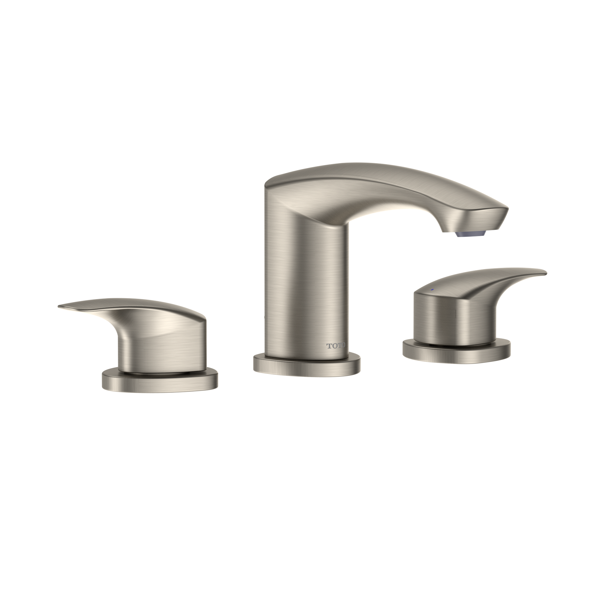 Brushed nickel two-handle widespread bathroom sink faucet with curved spout and round bases.