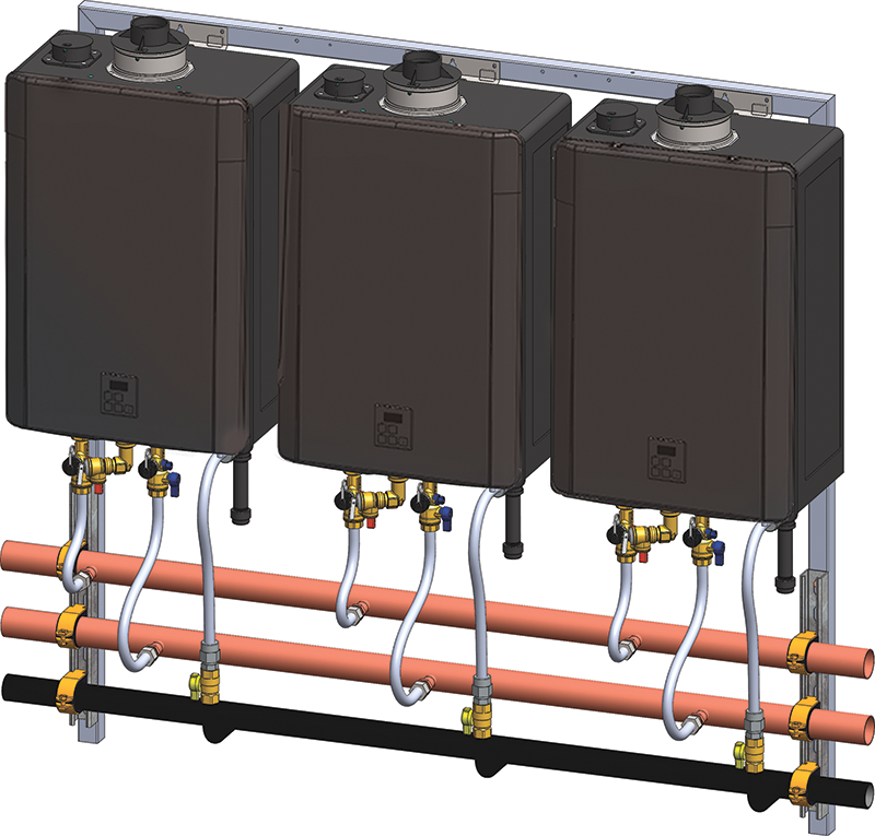 Three black tankless water heater units mounted on metal rack with integrated copper and black pipes and brass fittings.