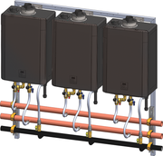 Three black rectangular tankless water heater units mounted on silver rack with copper and black supply pipes and brass fitti