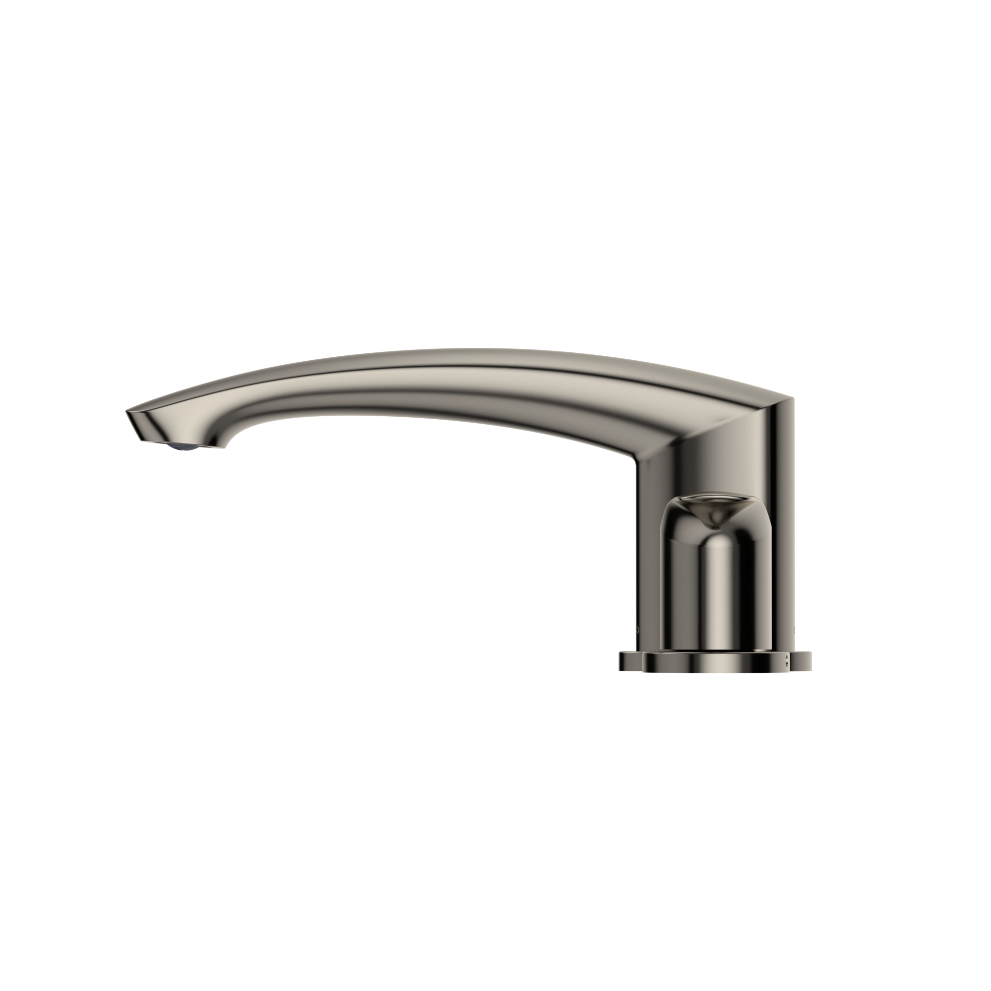 Polished nickel curved spout with single handle control for deck-mount roman tub installation.