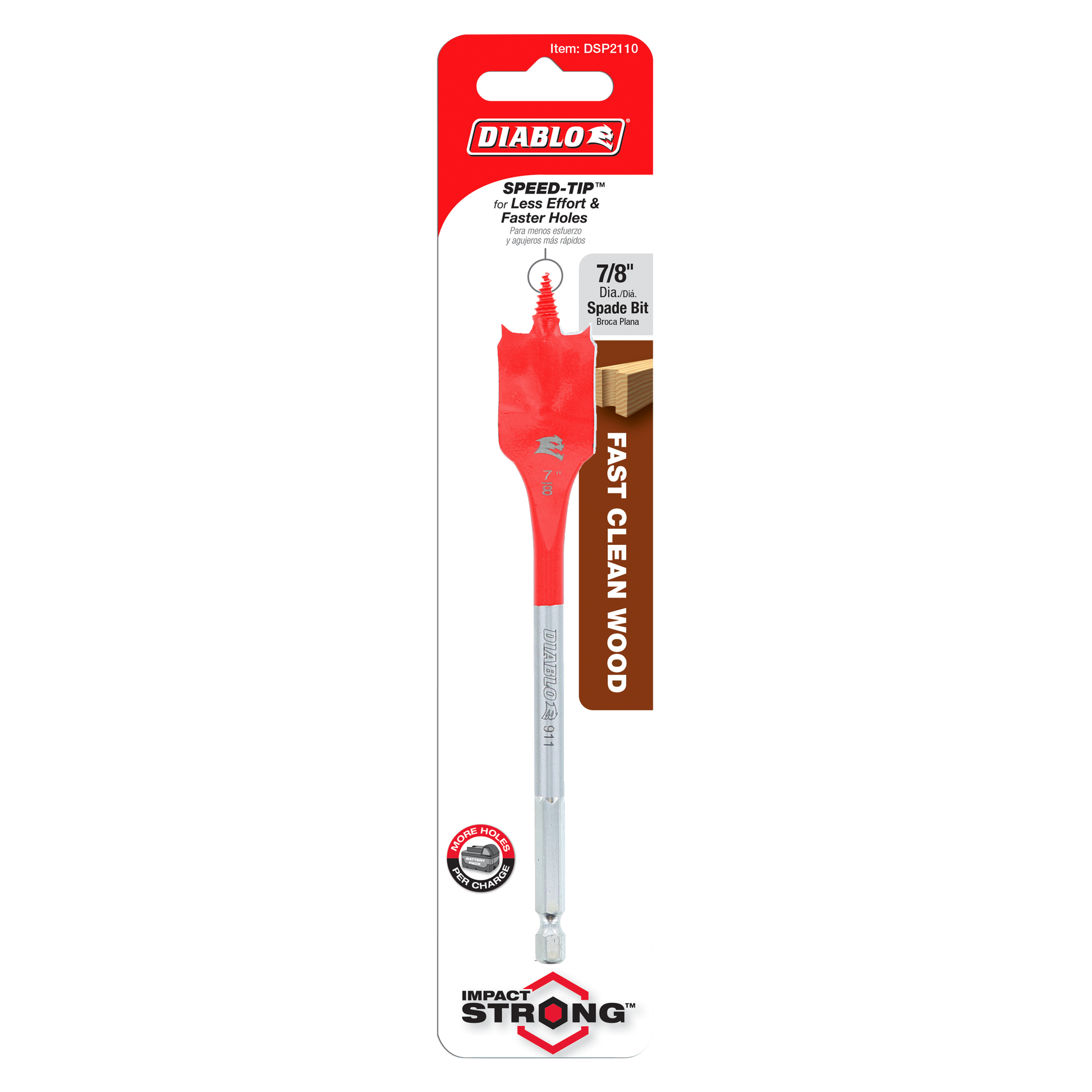 Diablo DSP2110 spade bit with red cutting head and gray metal shaft on packaging card.