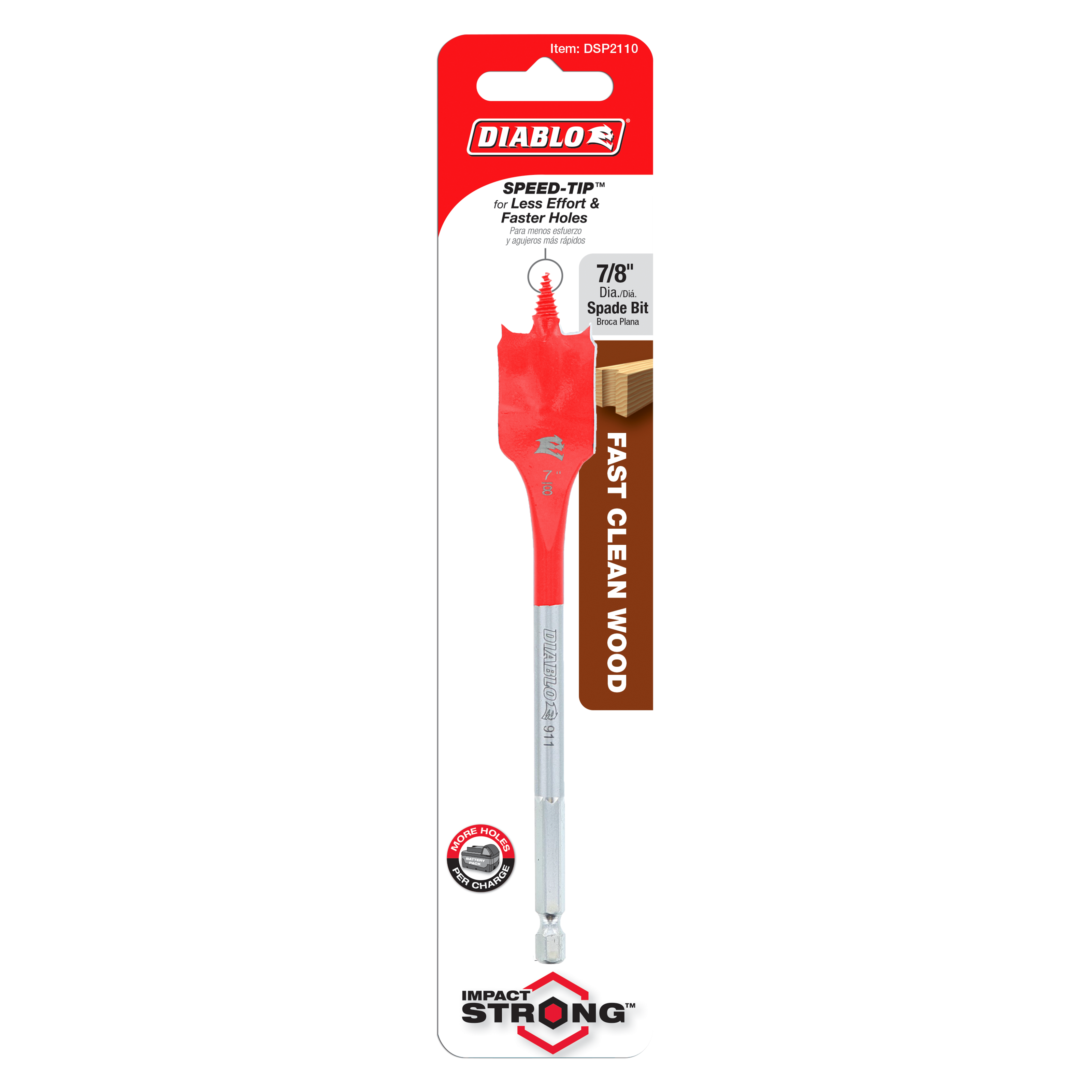 Diablo DSP2110 spade bit with red cutting head and gray metal shaft on packaging card.