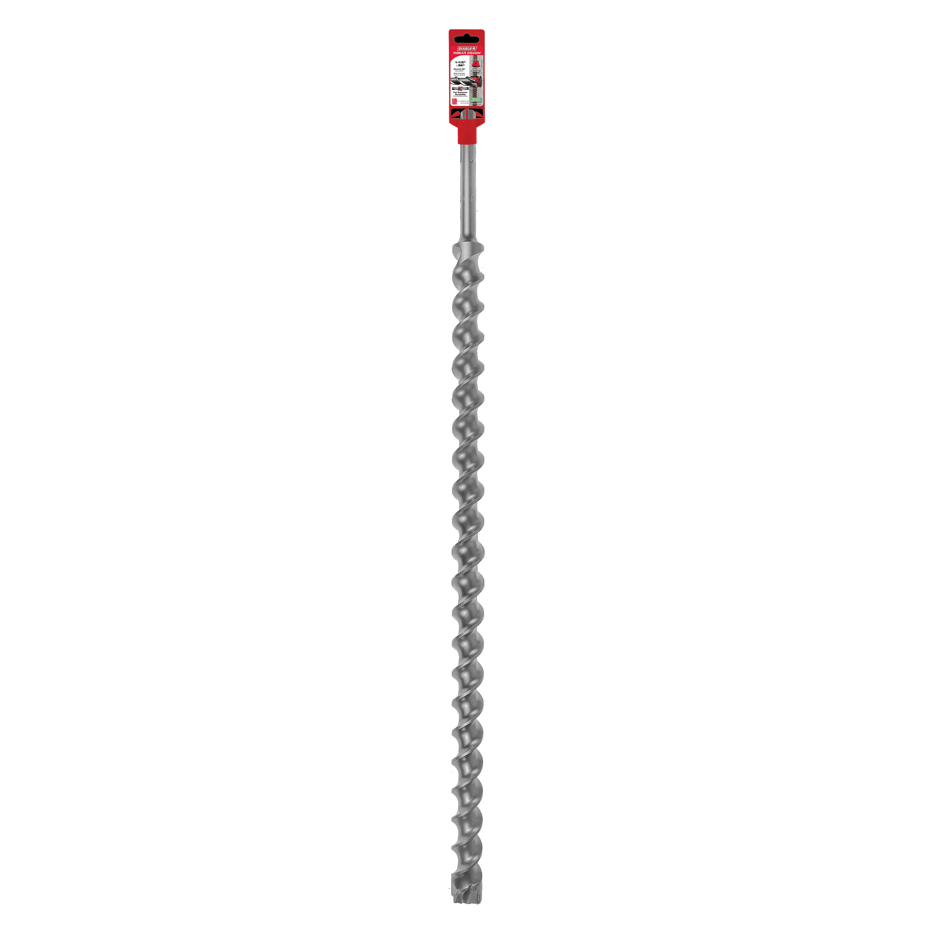 Long gray SDS-Max hammer drill bit with red packaging label at top and spiral fluted shaft with four-cutter carbide tip.