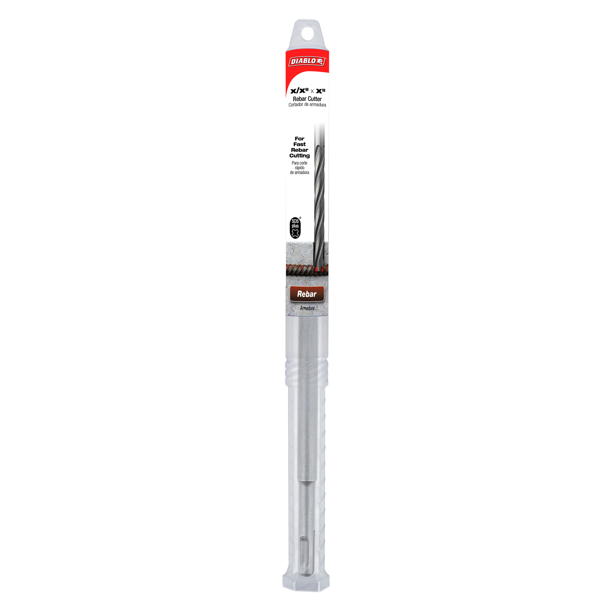 Diablo rebar cutter bit with SDS-Plus shank, 3/4 inch by 12 inch, displayed with red branded packaging and label.