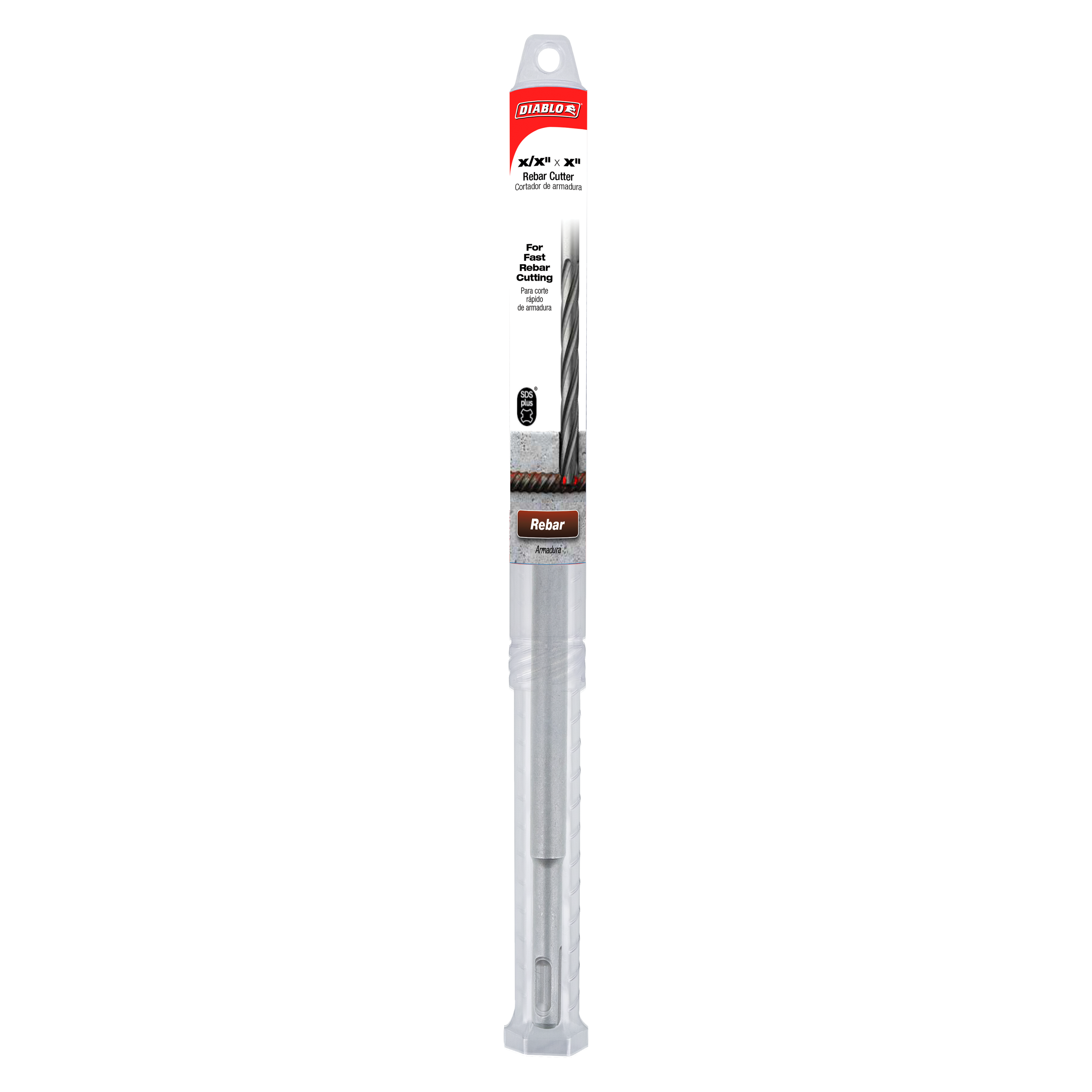 Diablo rebar cutter bit with SDS-Plus shank, 3/4 inch by 12 inch, displayed with red branded packaging and label.